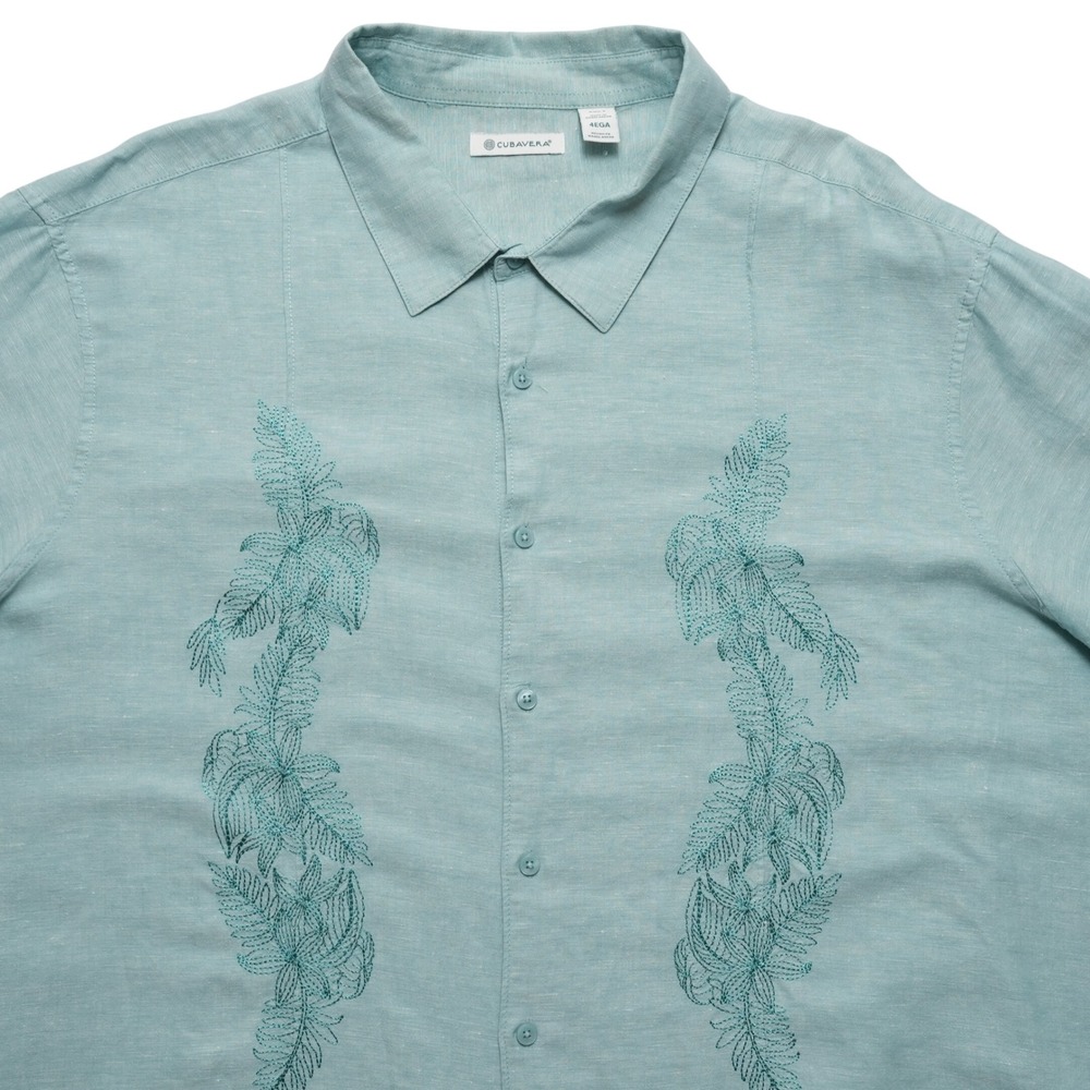 Cubavera Button Up Shirt‎ Mens 4XLT Aqua Blue Linen Blend Embroidered Big Tall